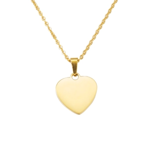 Detailed close-up of a polished gold heart pendant with a metallic O-chain necklace