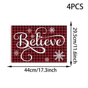 Close-up of Believe letter buffalo plaid Christmas placemats with dimensions and 4-piece set