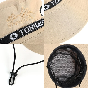 Khaki outdoor sun hat with wide brim, mountain embroidery, and adjustable windproof strap