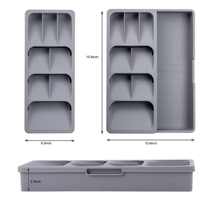 Expandable gray cutlery organizer tray for kitchen drawers showing retracted and open views