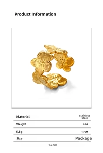 Detailed view of gold 18K plated stainless steel leaf ring with weight and size info