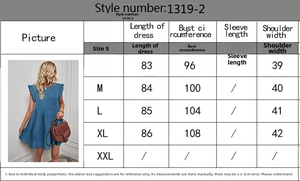 Size chart detail for solid color crew neck dress with ruffle sleeves, sizes S to XXL