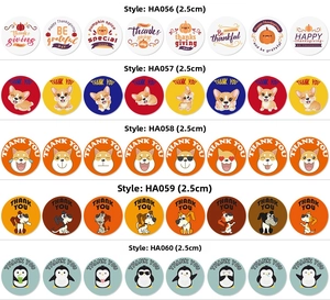 Detail showing various 2.5cm round cartoon animal stickers and thank you labels