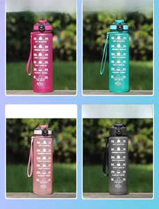 Macro shot of 1000ml frosted sports bottles with time markers in various gradient colors