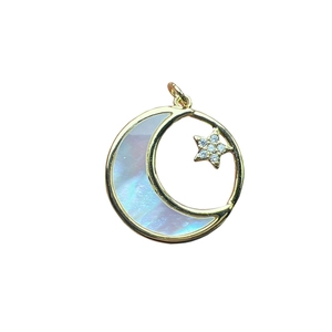 Golden crescent moon and star pendant with shell inlay and sparkling cubic zirconia