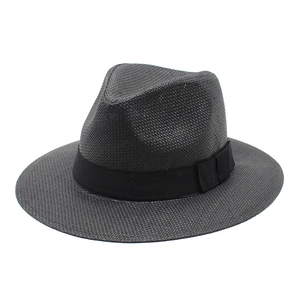 Classic black woven straw fedora hat for men and women featuring a decorative ribbon band