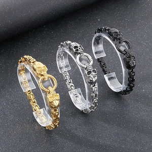 Skull punk bracelets in gold silver and black with Byzantine chain steel detail