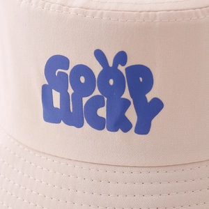 Kids wide brim canvas bucket hat in beige with blue Good Lucky rabbit ear embroidery