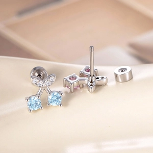 Cherry cubic zirconia cartilage stud earrings with screw back in silver metal finish