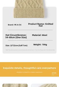 Detailed size chart for wool knitted beanie showing dimensions and head circumference