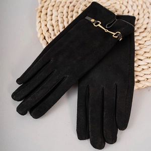 Close-up of black suede touch screen gloves with a gold horsebit buckle detail