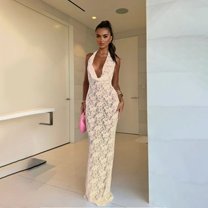 Elegant beige lace halter maxi dress with deep V-neck and open back design