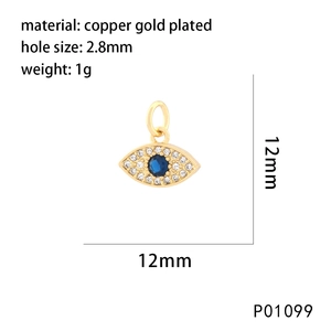 Detail view of 12mm gold evil eye pendant with blue zircon and size specifications