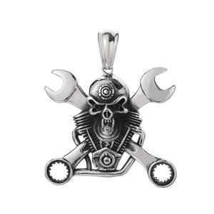 Punk style stainless steel skull pendant with wrenches and engine cylinders motif