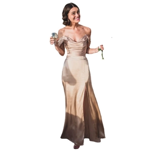 Elegant champagne gold satin off-shoulder evening gown with slit and pleated bodice detail