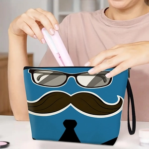 Festa Del Papà Borsa Da Trucco In Lino Con Stampa Baffi E Occhiali Organizer Per Cosmetici Grande Capacità Trousse Da Viaggio Cinturino Da Polso Regalo Per Papà