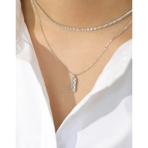 S925 Sterling Silver layered necklace featuring a star zircon rectangle pendant and choker