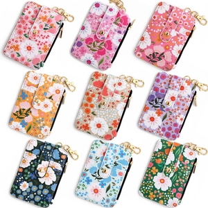 Floral Print PU Leather Card Holder Wallet With Zipper Pocket ID Window Metal Keychain Hook Slim For Women