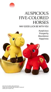 Detailed view of colorful plush horse mascot dolls on a gold ingot prop for New Year.