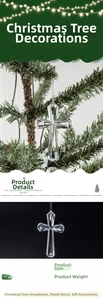 Macro detail of transparent acrylic cross ornament showing light refraction for Christmas tree