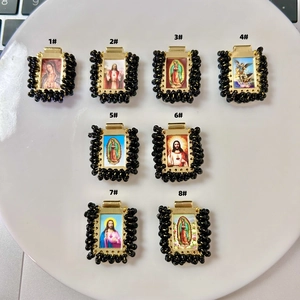 Set of 8 gold religious pendant charms with black bead borders for DIY jewelry making