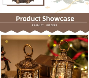 Close-up of vintage bronze Christmas lantern with Santa Claus and falling snow glitters