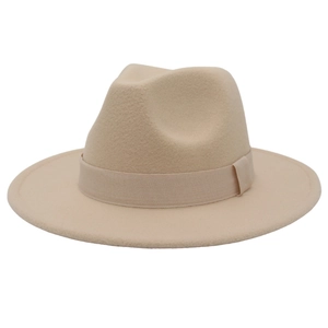 British style beige wool felt fedora hat with square ribbon trim shown on white background