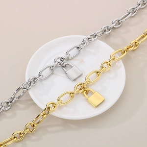 Three-in-one titanium steel oval chain necklace and bracelet set with lock pendant in gold and silver