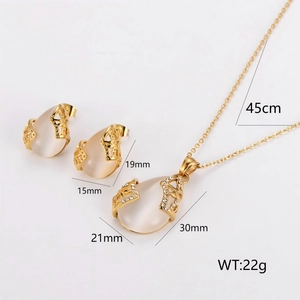 Elegant 304 stainless steel gold jewelry set with pear-shaped cat's eye stone and crystals