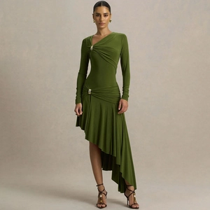 Women Sexy One Shoulder Slim Fit Maxi Dress Elastic Satin Ruched Long Sleeve Asymmetric Hem Metal Buckle Elegant