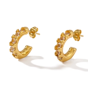 18K gold plated stainless steel C-shaped earrings with inlaid cubic zirconia crystals