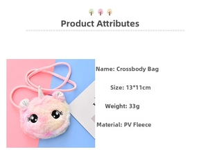 Detail view of pink rainbow plush unicorn bag showing soft PV fleece texture and 13x11cm size
