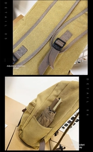 Detail view of adjustable shoulder strap and side pocket for mustard canvas backpack