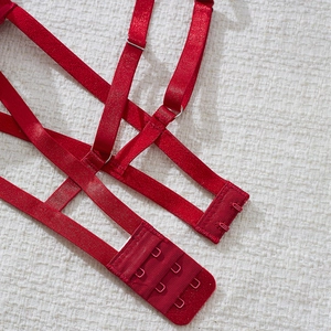 Macro view of red glitter lace bra back with three-row hooks and cross-strap detail