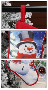 Detail of Christmas stocking hanging loop and vibrant snowman print on fabric texture