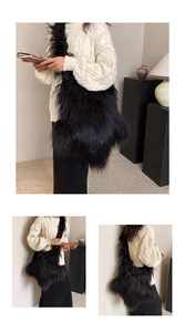 Detail view of plush black faux fur shoulder bag with soft texture and large capacity