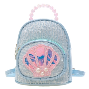 Ice blue sequined kids shell backpack with pearl handle and pink shell front pocket