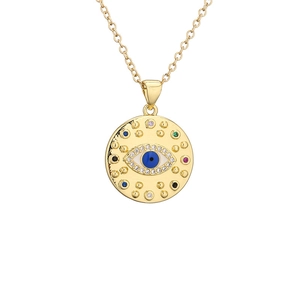 Golden Evil Eye disc pendant necklace with colorful gemstones and zircon inlay