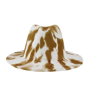 Autumn winter fedora hat featuring stylish brown and white cow pattern tie-dye felt print