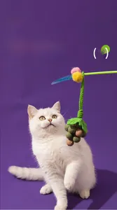 Plush grape cat toy with colorful catnip balls being played with by a white cat