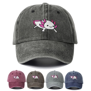 Washed Cotton Baseball Cap With Cute Axolotl Embroidery Breathable Outdoor Sunshade Hat For Men And Women Casual