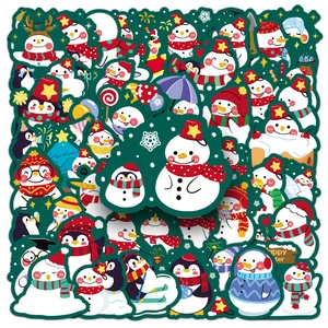 Detailed spread of various snowman and reindeer Christmas stickers for laptop decoration