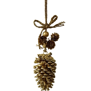 Glittery gold pine cone hanging ornament with rustic jute rope and festive bow decoration