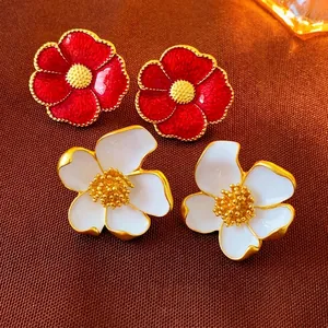 Vintage Flower Stud Earrings Alloy Enamel Camellia Style With 925 Sterling Silver Earring Post For Women Retro Jewelry
