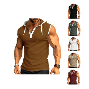 Men's heavy hooded sleeveless t-shirt with button collar in six assorted colors
