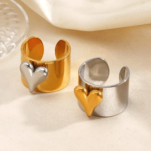 Bague Coeur En Acier Inoxydable Bicolore Large Ouverte Réglable Bijoux De Mode Pour Femmes