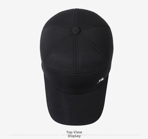 Top down view of black winter baseball cap featuring breathable fabric and metal logo