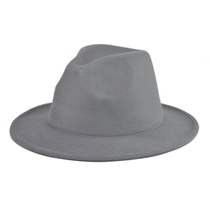 Detailed close-up of dark grey wool felt fedora with flat brim and metal belt trim