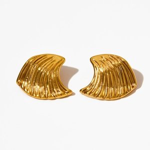 Polished gold stainless steel fan shaped stud earrings with elegant wavy rib texture