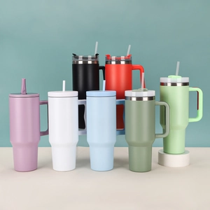 40oz stainless steel tumblers with handles in various colors and straw lids